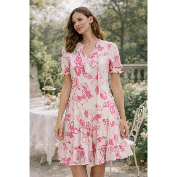 Kindred Dresses & Skirts - Kindred Womens Medium Pink Floral Ruffle Tiered Boho Mini Dress V-Neck Tie